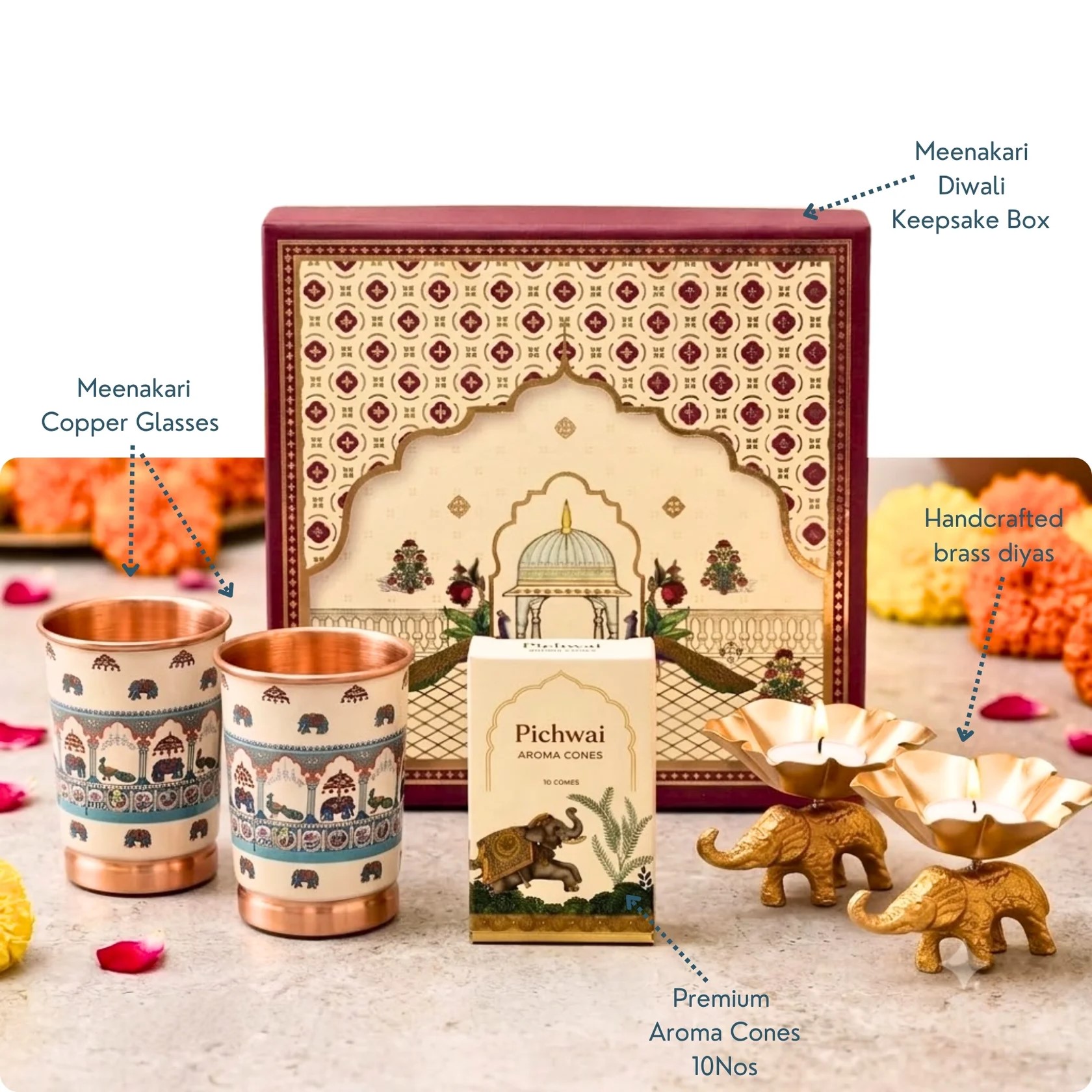 Luxury Indian Diwali Meenakari Copper Glass Set Hamper